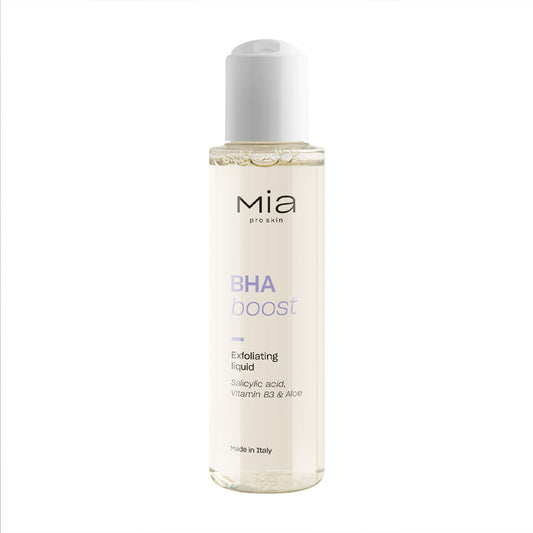 Skincare bottle labeled 'mia' on a white background